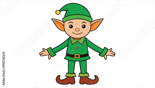Vector Cute Cartoon Elf Character Wearing Green Outfit and Pointed Hat