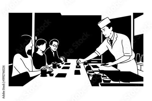 A sushi chef serves food to customers at a dining counter. This black and white vector illustration depicts a professional hospitality scene, Japanese cuisine, and a fine dining experience.