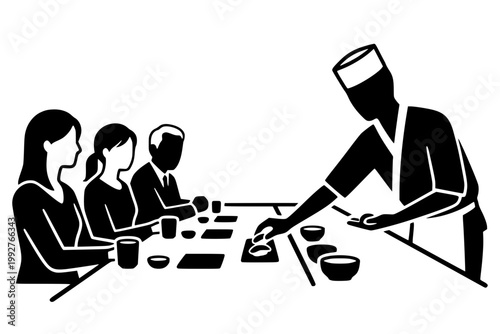 A vector illustration of an Omakase sushi chef serving a meal to customers at an intimate restaurant counter. This graphic depicts the exclusive culinary art of chef-curated dining, Japanese tradition