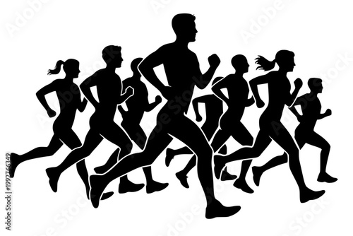 Silhouette of a group of people jogging or running together. Represents fitness, marathon training, health, active lifestyle, and team spirit.
