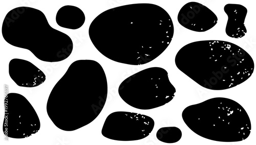 Abstract organic irregular black paint blob shapes with grunge texture scattered fluid forms and blobs for graphic design isolated on white background vector illustration