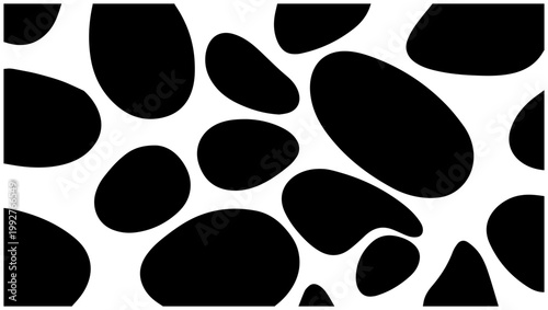 Abstract organic shapes resembling seeds and pits in a minimalist pattern rendered in stark black and white for a modern graphic design backdrop perfect for conceptual use