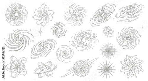 Abstract illustration of various spiral galaxies and celestial objects on white