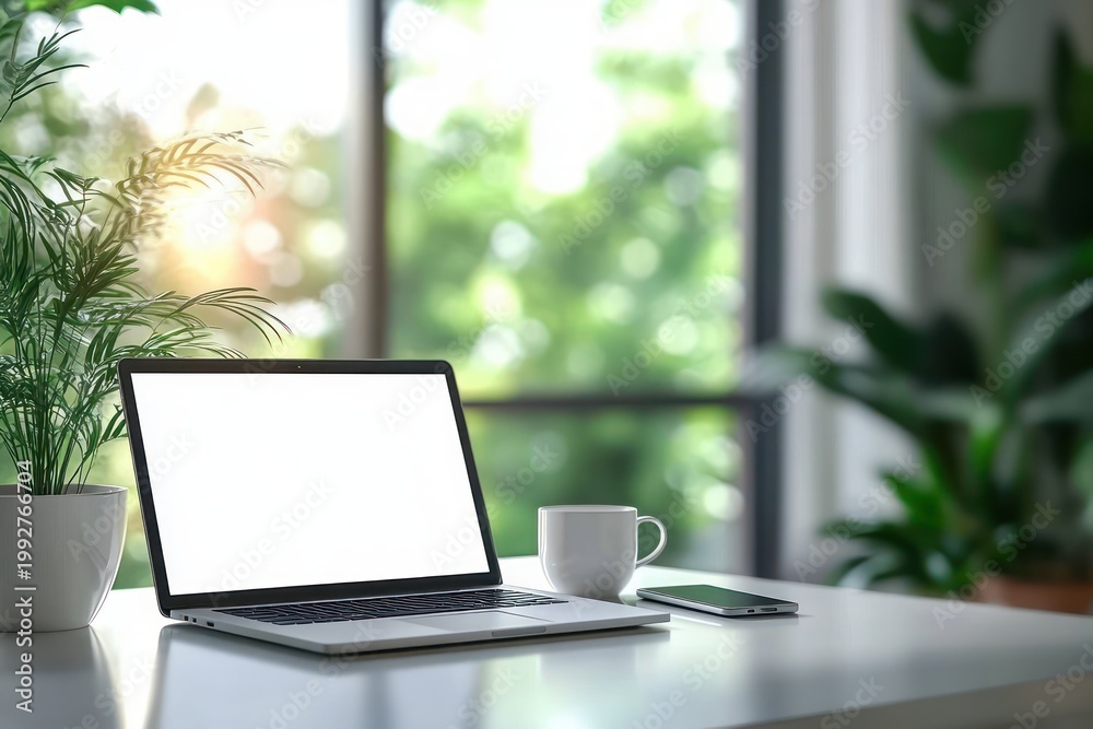 Fototapeta premium Minimal bright home workspace with open laptop showing blank white screen, coffee mug, smartphone and potted plants on clean desk by sunlit window conveying calm focused morning