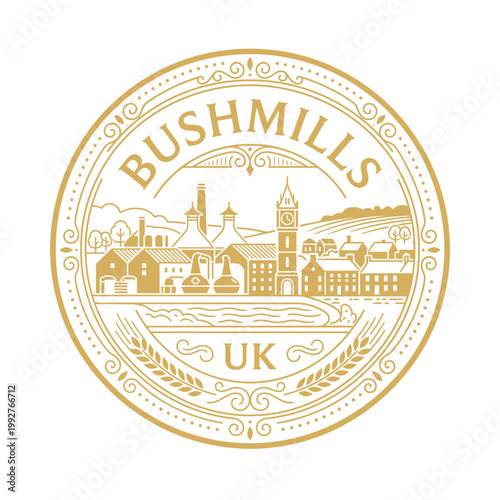 Gold vintage Bushmills UK distillery emblem featuring village landscape and copper stills vector illustration