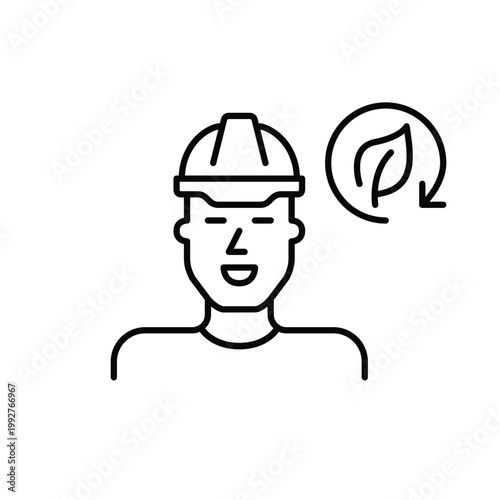 Man wearing hard hat, leaf and renew arrow. Sustainable construction and labor. Pixel perfect, editable stroke vector icon