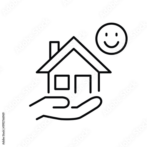 Home in hand and smiley face. Real estate, property care and investment. Pixel perfect, editable stroke vector icon