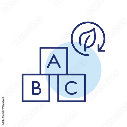 Letter blocks, leaf and renew arrows. Sustainable early education, eco-friendly materials for children products. Pixel perfect, editable stroke vector icon