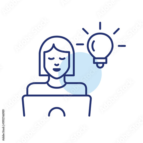 Woman working at laptop and light bulb. Innovation and creative thinking in learning and remote job. Pixel perfect, editable stroke vector icon