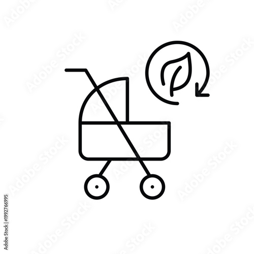 Baby stroller, leaf and renew arrow. Sustainable parenting and childcare. Pixel perfect, editable stroke vector icon