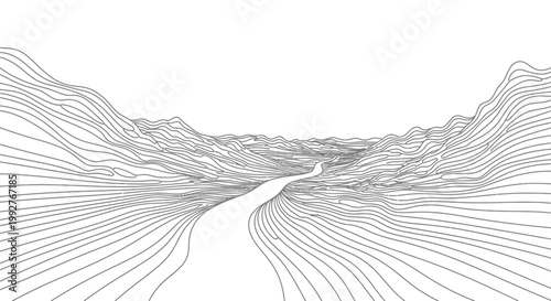 Abstract topographic landscape illustration with flowing lines and a clear sky
