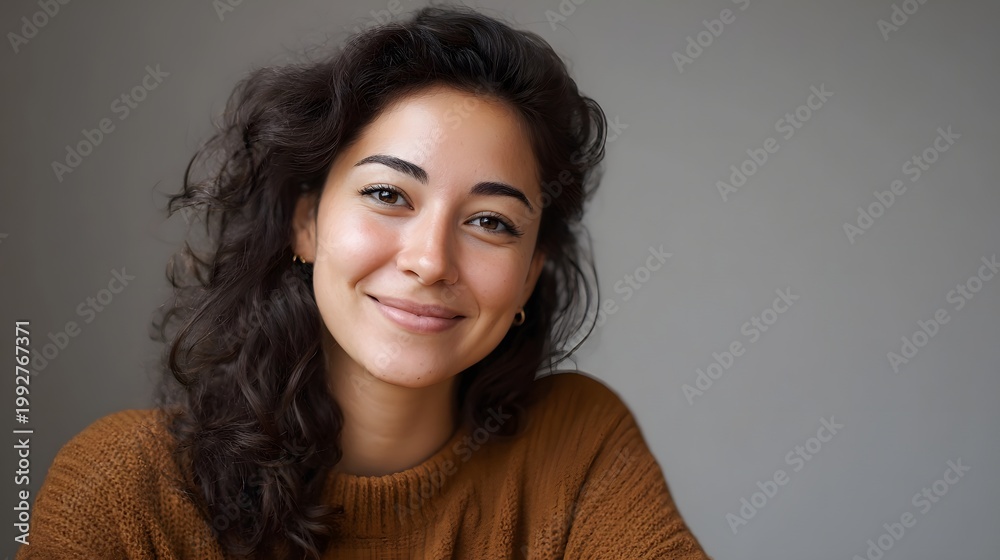 Obraz premium Smiling young woman in a cozy sweater against a neutral background radiating confidence and positive energy in a professional portrait