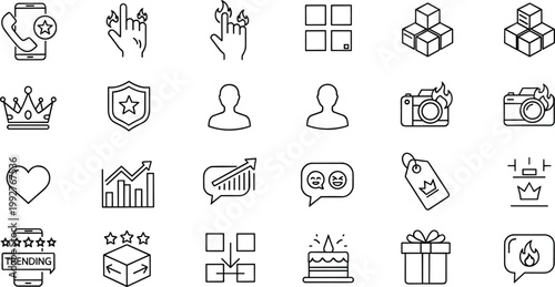 Digital icons, social media symbols, trending, popularity, communication, growth, smartphone, crown, shield, charts, gift box, speech bubble, outline artwork