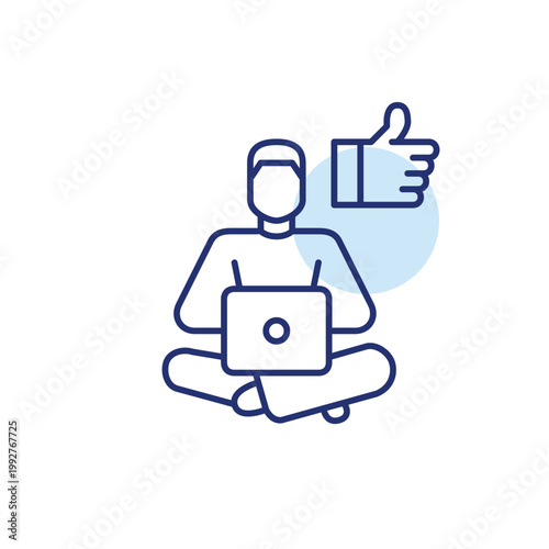Remote digital productivity and office tasks. Man working at laptop and thumbs up. Pixel perfect, editable stroke vector icon