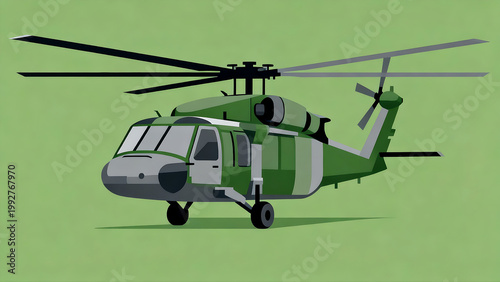 A clean digital illustration of a green and grey military utility helicopter with black rotor blades and landing gear set against a solid green background.