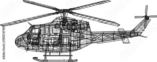 Helicopter wireframe model illustration, detailed rotor aircraft with 3D mesh structure for aviation engineering and aerospace visualization concept
