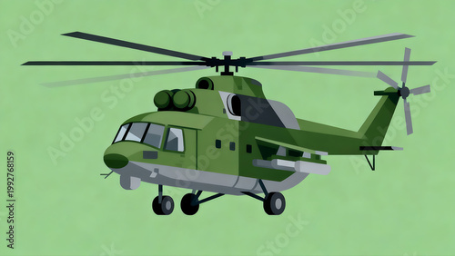 A detailed illustration of a green military cargo helicopter featuring multiple blades and wheels shown against a light green background.