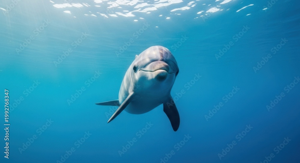 Obraz premium Dolphin swimming underwater in clear blue ocean water with sunlight.