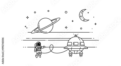 Astronaut explores space near planets and spaceship black and white illustration