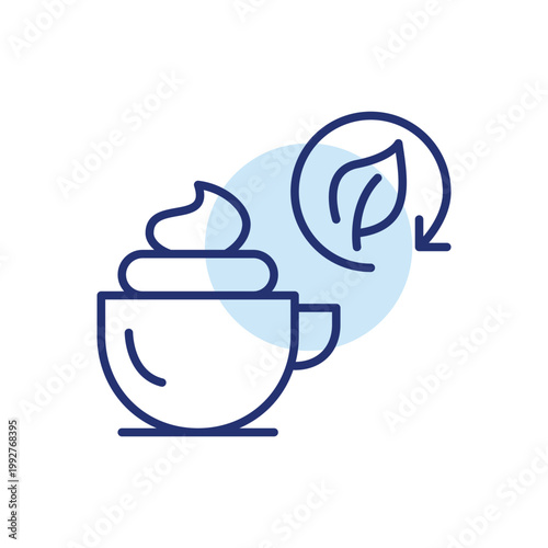 Cappuccino with whipped cream, leaf and renew arrow. Sustainable hot drinks and packages. Vegetarian diet. Pixel perfect, editable stroke vector icon