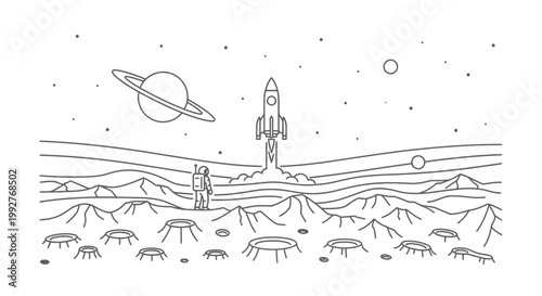 Astronaut on lunar surface watching rocket launch into space vector illustration