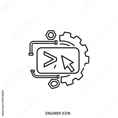 Minimal prompt engineering outline icon, black and white single line vector, clean stroke AI command symbol, isolated flat design