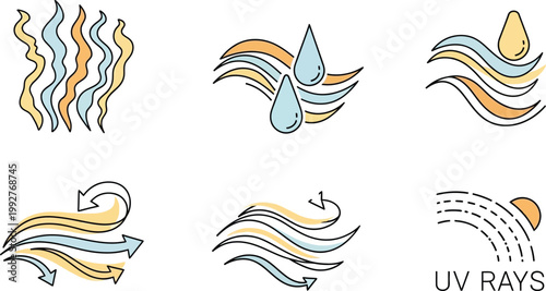 Set of six abstract graphic icons representing steam, rain, evaporation, airflow, circulation, and sun UV rays for design.