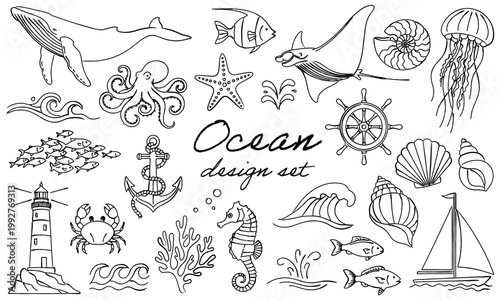 海の生き物とマリンモチーフ線画セット｜海 魚 クジラ 貝殻 錨 灯台 ベクター