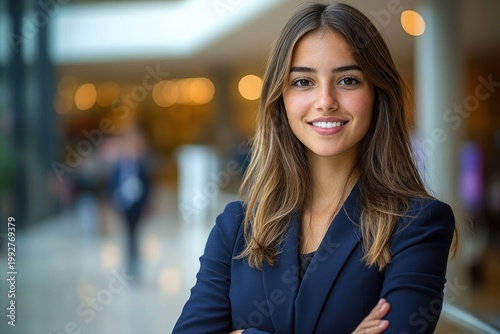 Free Download Confident professional woman standing with arms crossed in a modern office lobby with warm bokeh lights, poised and determined - GFXLoad