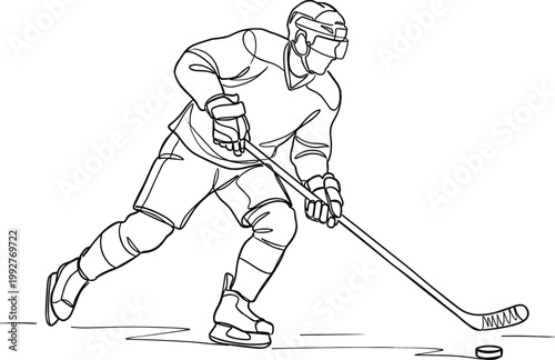 Ice hockey player skating with stick and puck line art illustration dynamic sports action athlete movement design