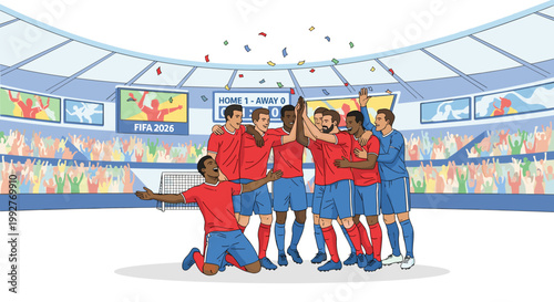 Joyful soccer team celebrates victory in a stadium, raising arms and high-fiving, with confetti falling, showcasing teamwork and triumph in a vibrant, scalable vector illustration.