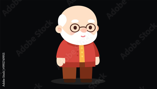 Vector Cute Cartoon Elderly Man with Glasses and Red Jacket.
