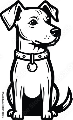 Cute Sitting Dog with Collar Hand Drawn Vector Line Art Black and White Illustration