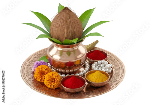 Indian Kalash Puja Setup with Coconut, Flowers, and Spices for Religious Ceremony