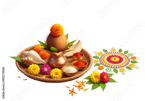 Diwali Puja Thali with Flowers, Coconut, Conch Shell, and Rangoli, Religious Offering