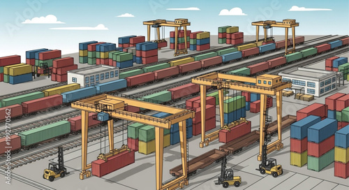 Busy shipping port with trains and cargo containers being moved by cranes.