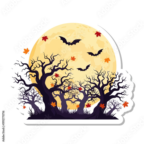 Halloween illustration featuring spooky trees and flying bats against a full moon on a transparent background for seasonal festival and autumn celebration design projects