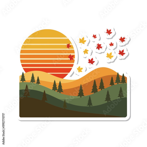 Retro autumn forest landscape sticker design with falling maple leaves and sunset sun over layered hills and evergreen trees for seasonal nature decor themes