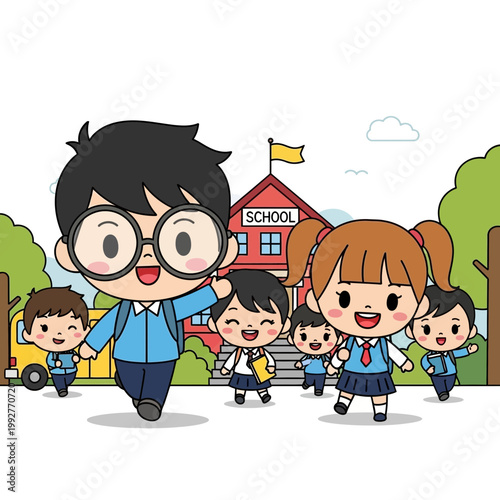 Happy group of cartoon school children running in front of a school building with a school bus representing education lifestyle and childhood learning
