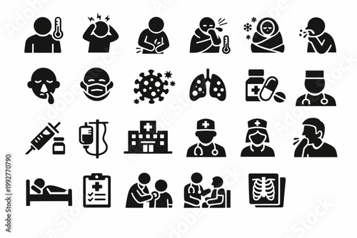 Sickness solid icon set featuring illness disease symptoms and medical care, fever headache pain cold flu virus, and hospital doctor patient treatment editable vector icons