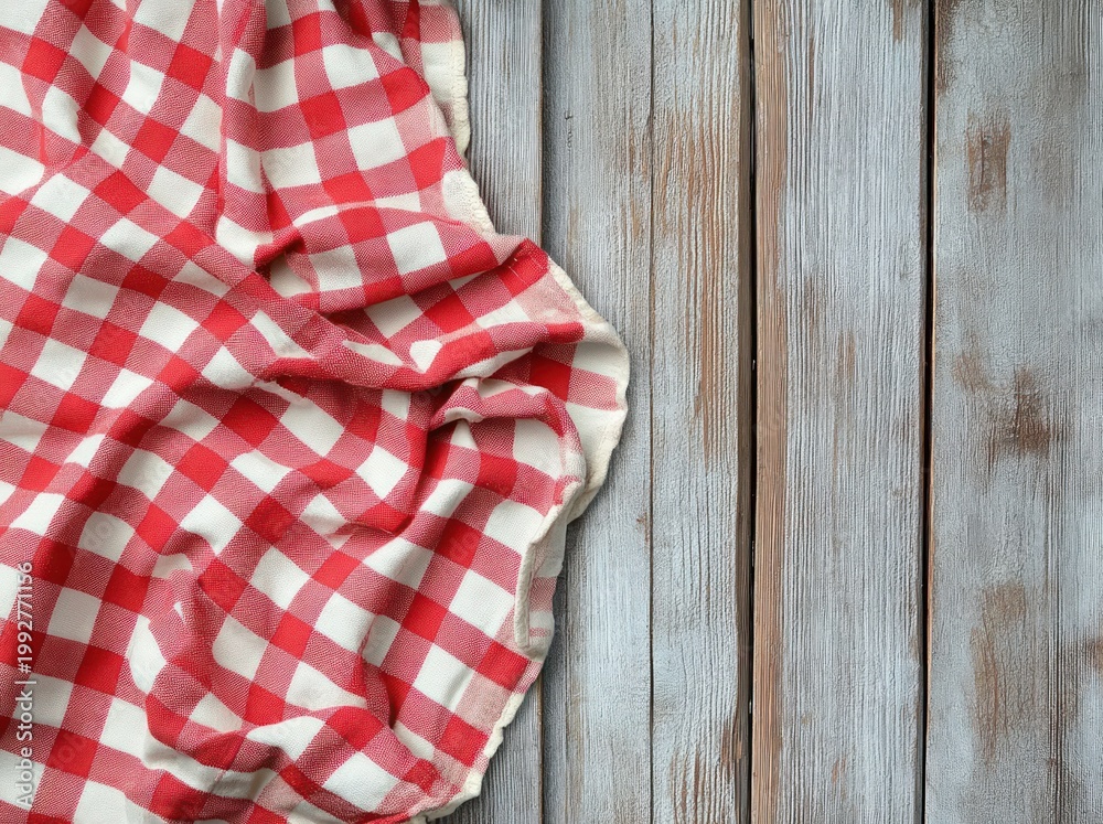 Obraz premium Crumpled red and white checkered cloth on weathered gray wooden planks, rustic cozy picnic and kitchen atmosphere