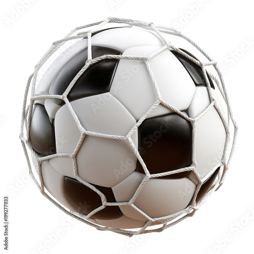 A soccer ball is caught in a net isolated on transparent background