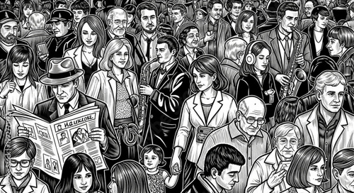 Diverse crowd of people in a busy urban environment illustration.