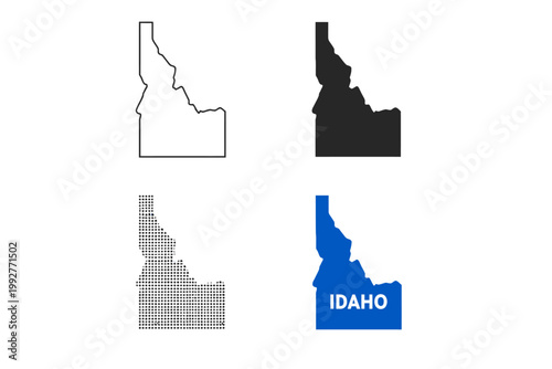 Idaho state map icon. US state silhouette in outline, filled, dotted and labeled styles sign. State border and location symbol. American geography pictogram. Regional identity illustration.