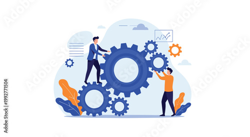 Two business professionals collaborating to move and align large interlocking blue gears symbolizing teamwork and successful project management.