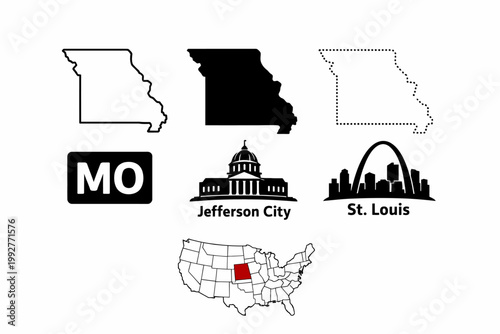 Missouri state map icon set. US state shape in outline, solid fill, dotted contour and MO abbreviation sign. Central Midwest symbol. Jefferson City and St. Louis pictogram. USA map illustration.