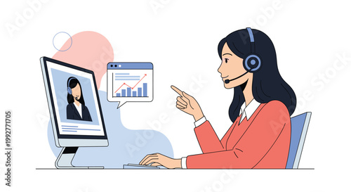 Female call center agent wearing a headset and pointing at a screen during a video call while analyzing data and performance charts on a monitor.