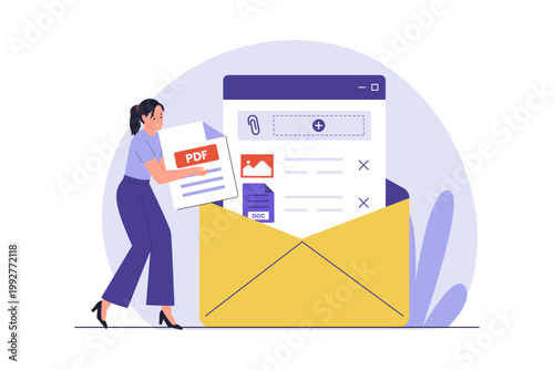 Illustration of Woman Attaching PDF and Media Files to Email. A woman inserting a PDF document and various media files into a giant yellow envelope for digital communication and file sharing