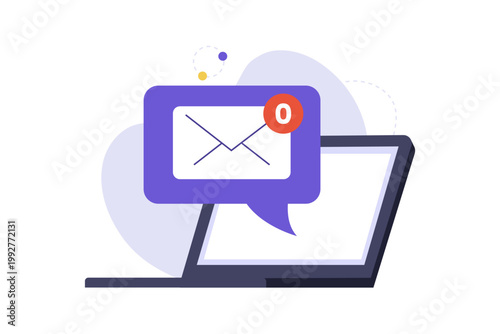 Illustration of Inbox Zero Concept with Empty Laptop Screen. A laptop screen displaying a large speech bubble with a zero icon, representing a clean and organized email inbox with no pending messages