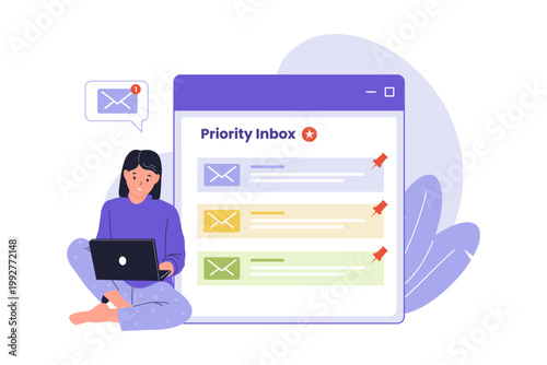 Illustration of Woman Managing Priority Inbox and Important Mail. A woman sitting with a laptop organizing important messages in a priority inbox list with red pin icons for better focus